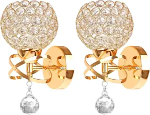 Gold Wall Sconces Set of Two, Modern Crystal Wall Light with E26 Socket Hardwired Sconces Wall Lighting Bedside Wall Lamp Crystal Decor Wall Mount Light Fixture for Living room, Bedroom, Hallway