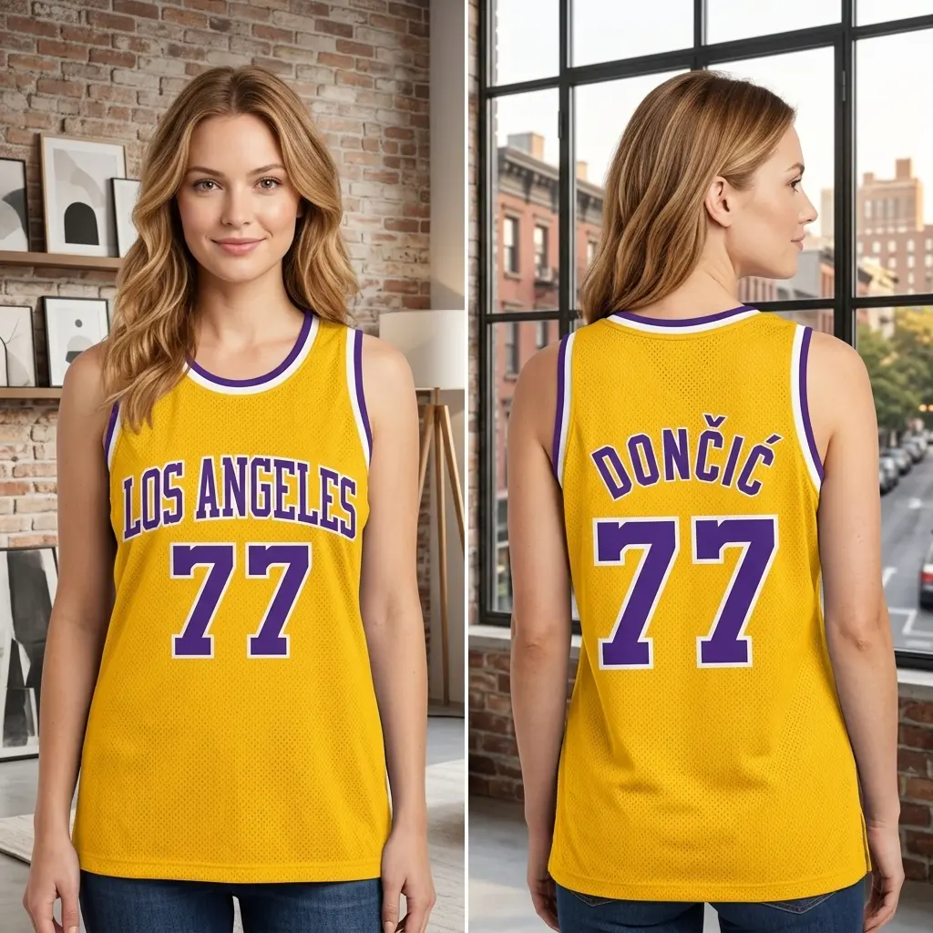 Doncic Los Angeles Mesh Basketball Jersey, Vibrant Yellow Mesh Tank Top Breathable Fabric with Purple Accents #77, Perfect Gift for Basketball Fan