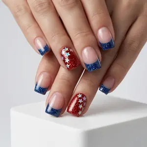 24Pcs Short Ice Candy Apple Press On Nails, Glitter American Flag Nails for Independence Day