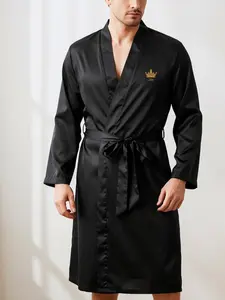 New men's smooth, soft and comfortable solid-color long robe, V-neck, long sleeves, drawstring, elegant and simple, ideal choice for casual wedding parties. Regular men's pajamas and home wear for spring, summer and autumn Lounge Robe