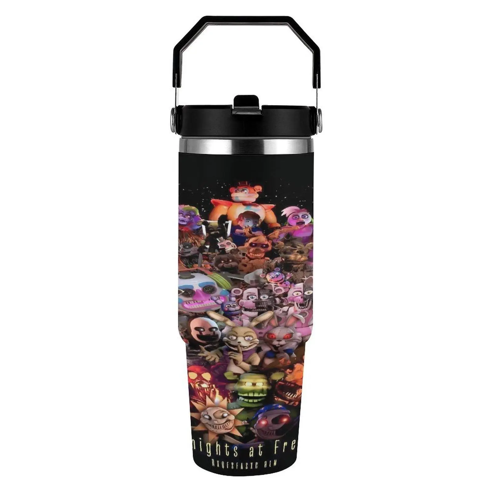 Five Nights At Freddy's 30oz Tumbler w/ Lid & Tote Handle | Stainless Steel Vacuum Insulated Portable, Outdoor Camping Travel Gift for FNAF Fans - Birthday Christmas Vacuum Flasks