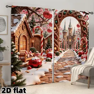2D Flat 2Pcs Christmas Fantasy Castle Print Curtains, Gingerbread House Design, Winter Wonderland Scene, Rod Pocket Style, for Living Room Bedroom Kitchen Home Decor, Holiday Theme Window Treatment, Privacy Protection