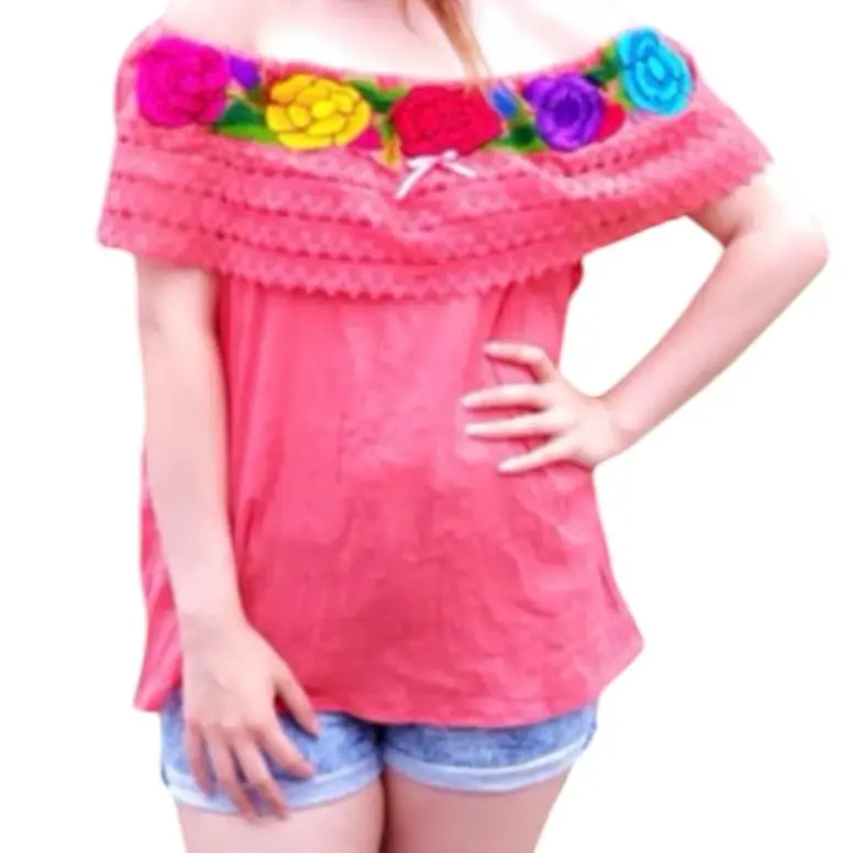 Mexican Traditional Blouse - Off Shoulder Floral Woven Top with Lace for Summer - Colorful Flowers & Lace - One Size Fits S-M - Birthday Gift for Her Clothes Shirts Womenswear