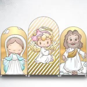 Cute Angel Girl with Gold Stripes Arch Backdrop Cover for Baptism and Christening