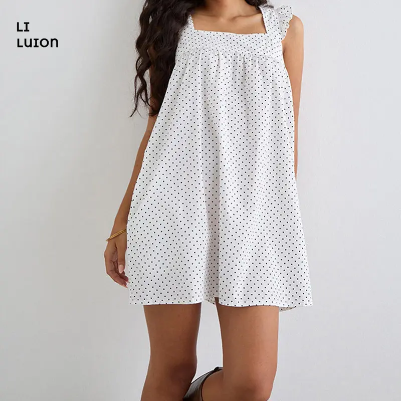 Women's Mini Plaid Polka Dots Dress Ruffle Trim Square Neck Loose Fitting Cami Dress