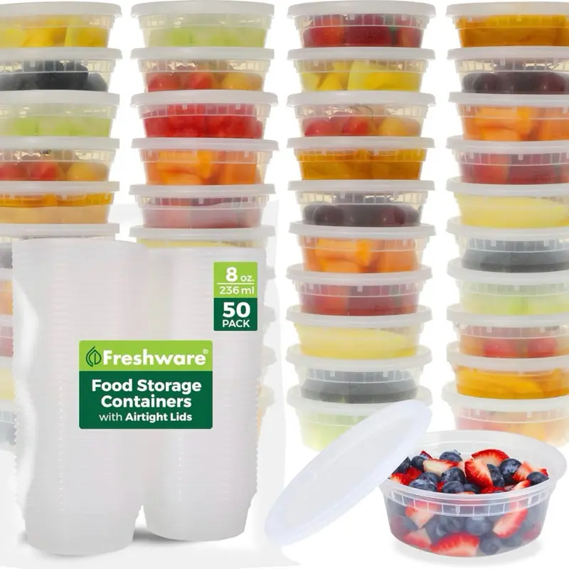 FRESHWARE 50-Set 8oz Airtight Lid Plastic Food Containers - BPA-Free