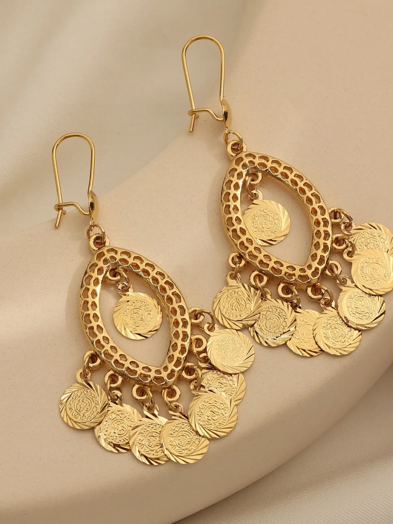 Vintage Minimalist Copper Gold Coin Fringe Dangle Drop Earrings Pendant, Ethnic Style, Women's Daily Wear, Holiday Gift, Includes Packaging Box