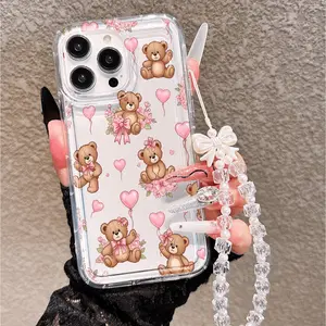 Shockproof Protective Silicone Phone Case, Heart Bear Flower Floral Pattern, Bow Strap, Durable Fashion Accessory, Valentine's Gift for iPhone 11/12/13/14/15/16/17/promax