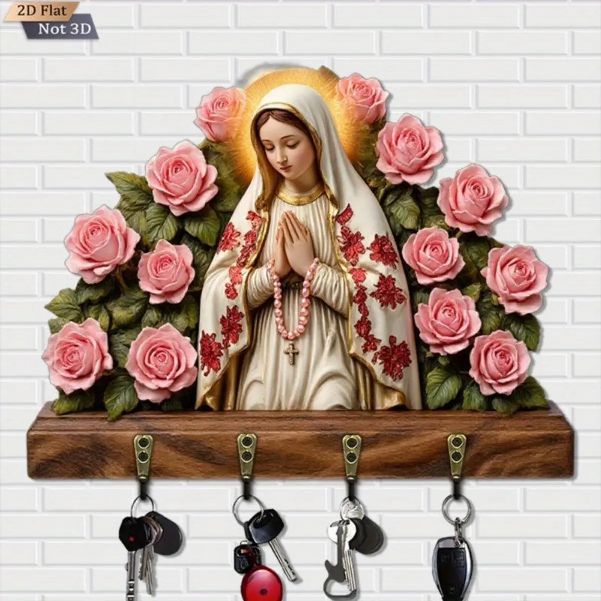 Wooden 2D Wall-Mounted Key Holder with 4 Hooks - Light Christian Style Decorative Home Goods, Virgin Mary, Baby Jesus & Rose Motifs, Vintage Entryway Gift