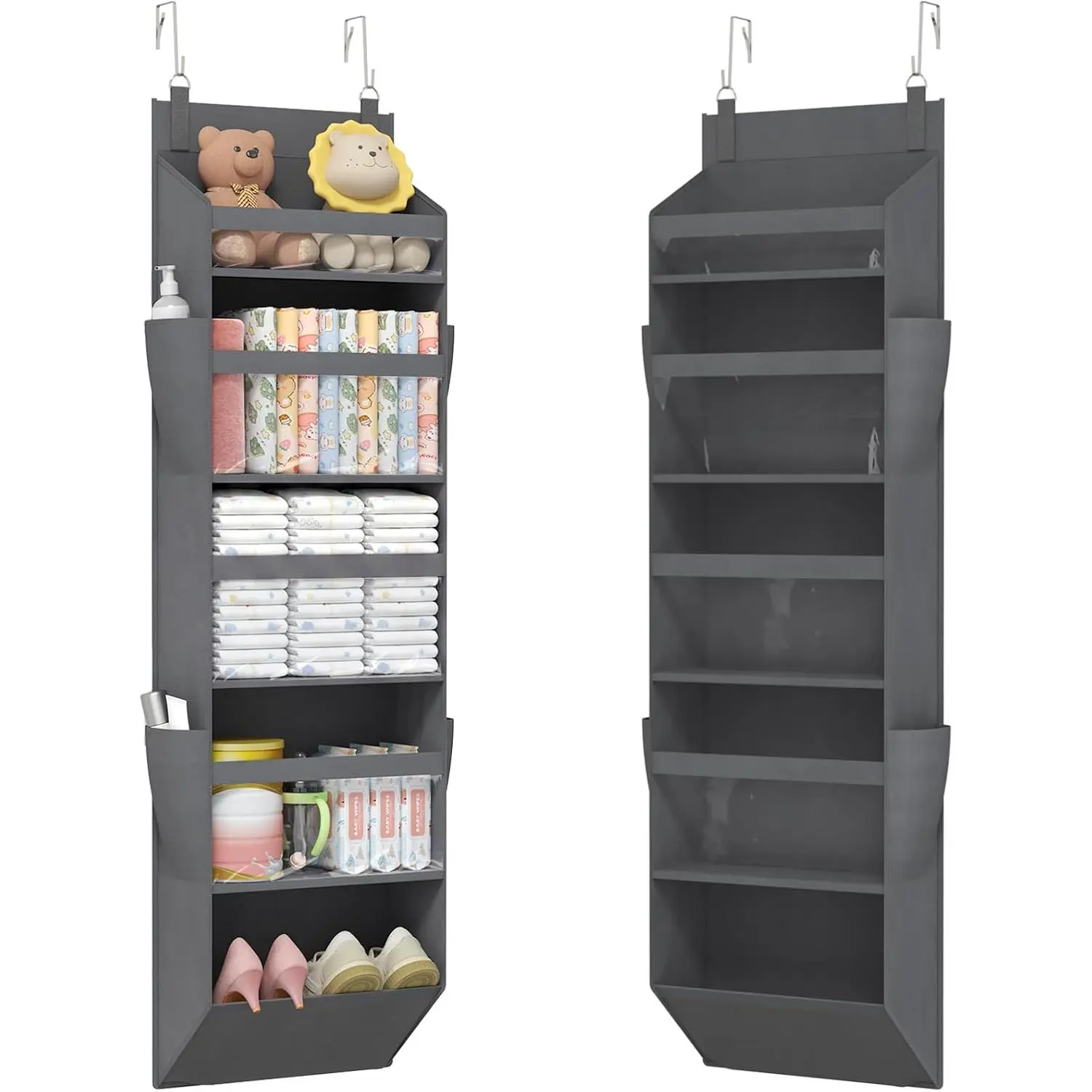 1 Pack Over the Door Organizer, 5 Section Clear Window Hanging Storage with 4 Side Pockets, Sturdy Anti Tilt 40 lbs Load Behind Door for Closet, Bedroom, Bathroom, Nursery, Dorm, Dark Gray