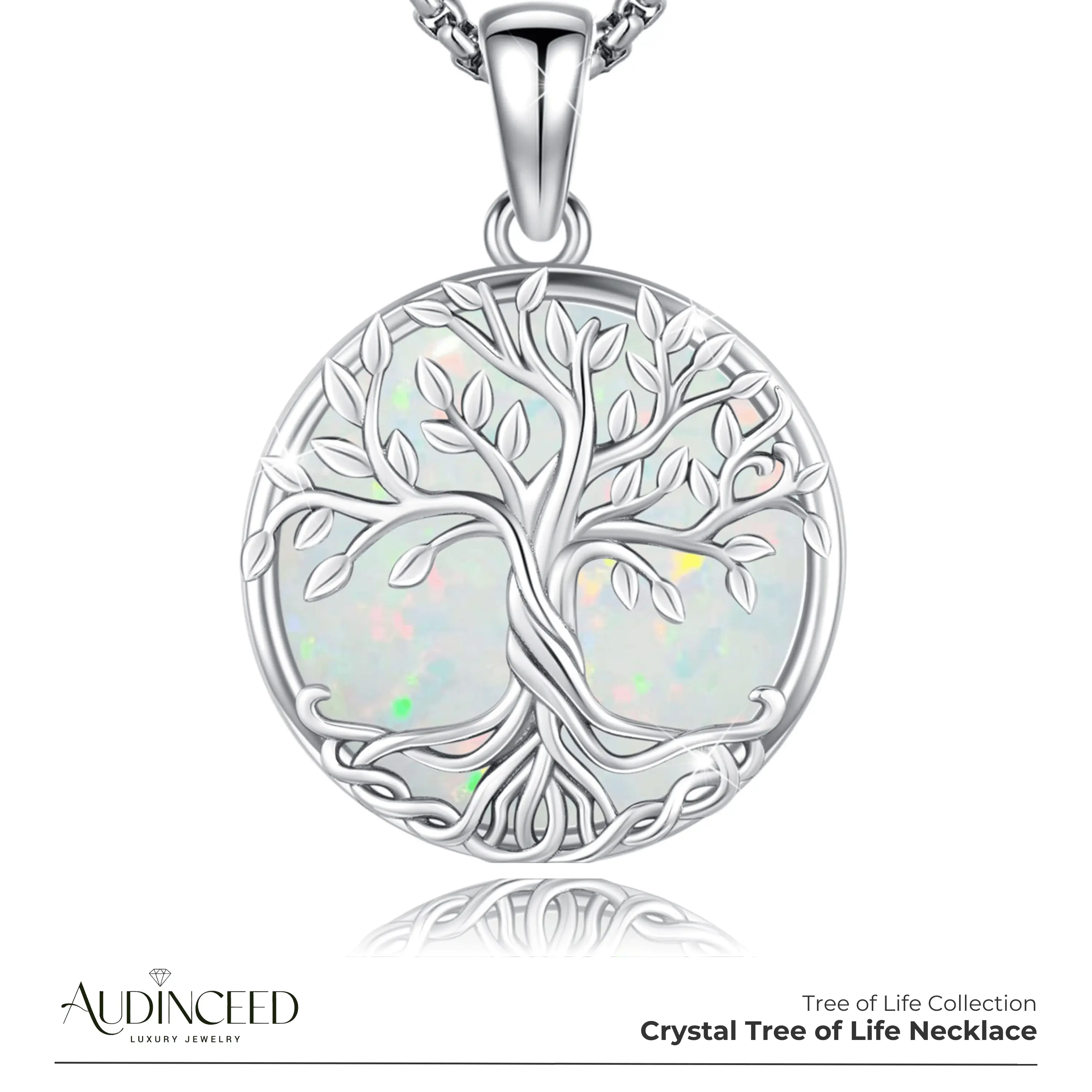 Audinceed S925 Sterling Silver Tree of Life Necklace - Adjustable Chain, Tree Motif, Natural Crystal Pendant with Opal, Moonstone, Agate, Turquoise, Yggdrasil Mythology Design, Daily Blessed Protection Witch Jewelry Gift For Women