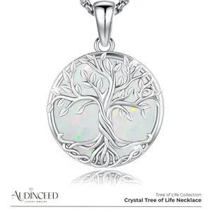 Audinceed Tree of Life Natural Crystal Necklace, S925 Sterling Silver Luxury Yggdrasil Mythology Design Nature Natural Opal Moonstone Agate Turquoise Crystal Silver Necklace Pendant Blessed Protection Witch Jewelry Gift For Men Women