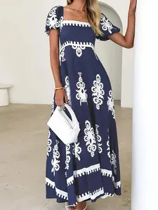 Women's Pocket Square Neck Dress, Bohemian Fashion Casual Short Sleeve Long Dress for Daily Holiday Vacation Wear, Ladies Dress for Summer, Classy Modest Dresses, Womenswear, Boho Chic Dress, Bohemian Print Dresses