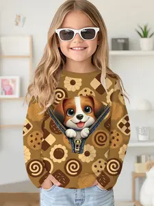 Brown-yellow zipper cute dog digital printed long-sleeve crewneck drop-shoulder sweatshirt top T-shirt, long-sleeve T-shirt clothing for girls in spring and autumn, 100% polyester, the best gift for girls