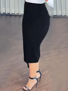 Women's Solid Color Buckle Decor Skirt, Elegant Fashion Knee Length Skirt for Daily Outdoor Wear, Women Bottoms for Spring Fall