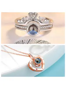 '100 Languages I Love You' Ring & Necklace Set with Crown Projection, Adjustable & Detachable, Perfect Valentine's Gift for Her