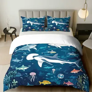 3PCS Duvet Cover Set, 1 Duvet+2 Pillowcases(Without filler), Shark Ocean Marine Sea Life theme, Summer bedding set, Aquatic-themed Suitable for decoration bedroom living room guest room hotel.