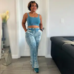 Acid Washed Wide Length Pants- Teal