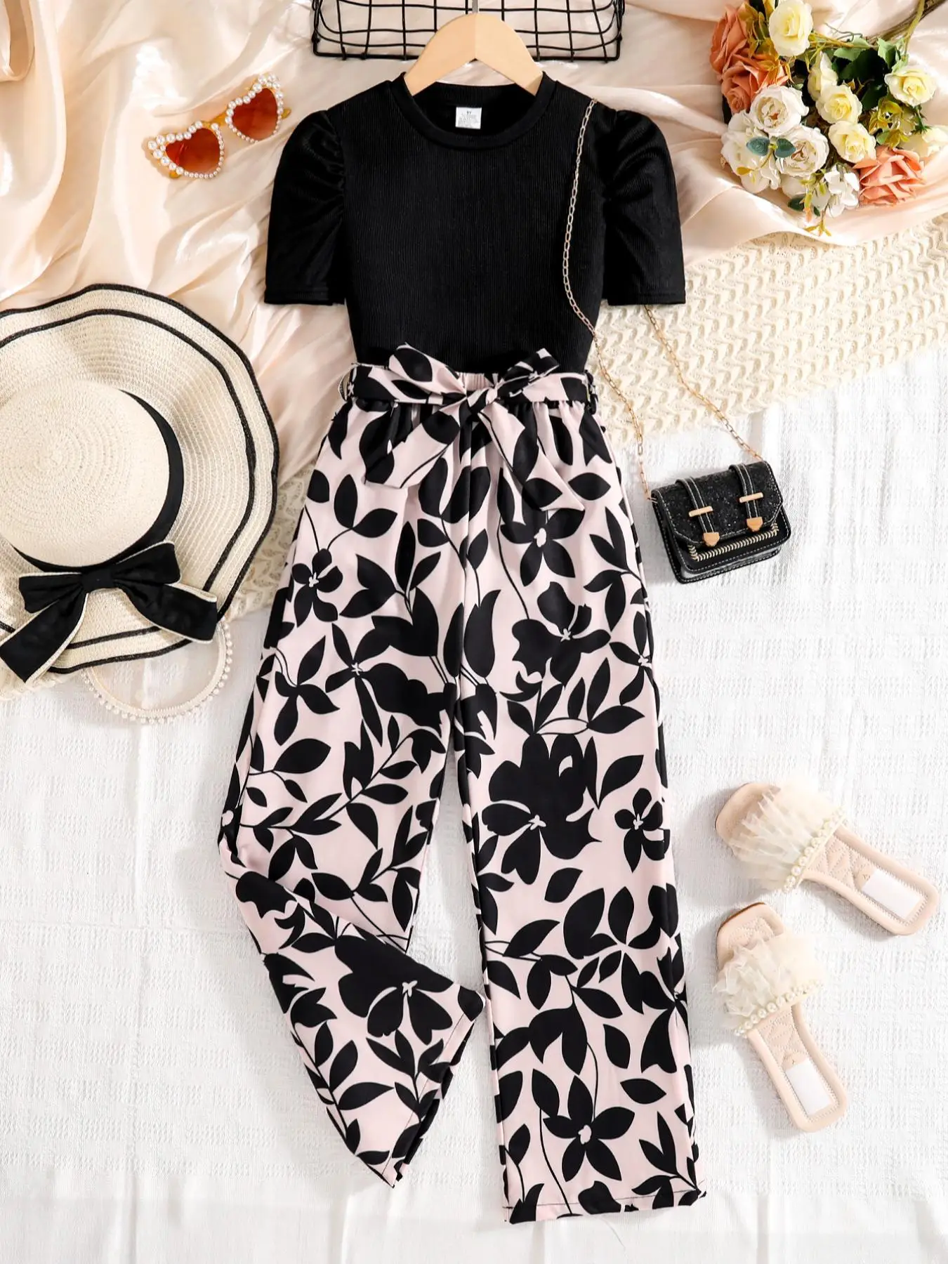 Girl's Plain Top & Pants Two-piece Set, Casual Round Neck Top & Trousers 2 Piece Set for Daily Wear, Kids Clothes for Summer, Summer Outfits Set, Casu