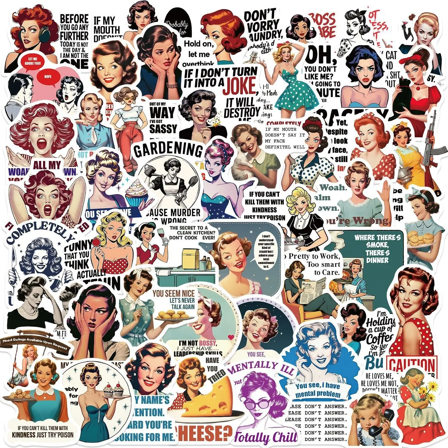 50 Cartoon Women Quote Graffiti Stickers, Decorative Guitar Notebook Luggage Decals, DIY Waterproof Sticker Set, PVC Waterproof Stickers, Ca Prop 65 Compliant, Funny Stickers