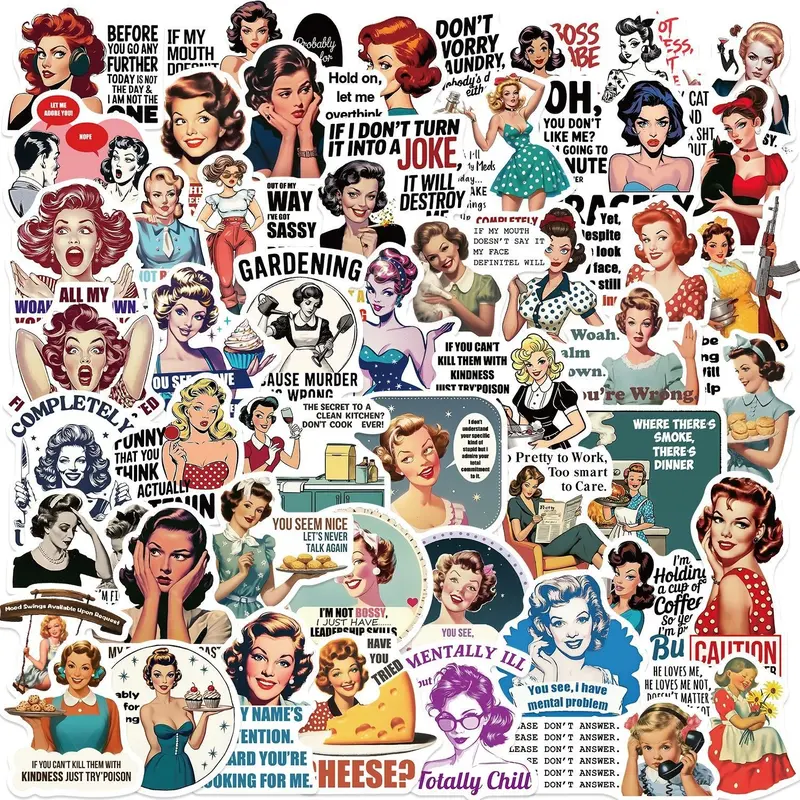 50 Cartoon Women Quote Graffiti Stickers, Decorative Guitar Notebook Luggage Decals, DIY Waterproof Sticker Set, Ca Prop 65 Compliant, Funny Stickers, Sticker Packs