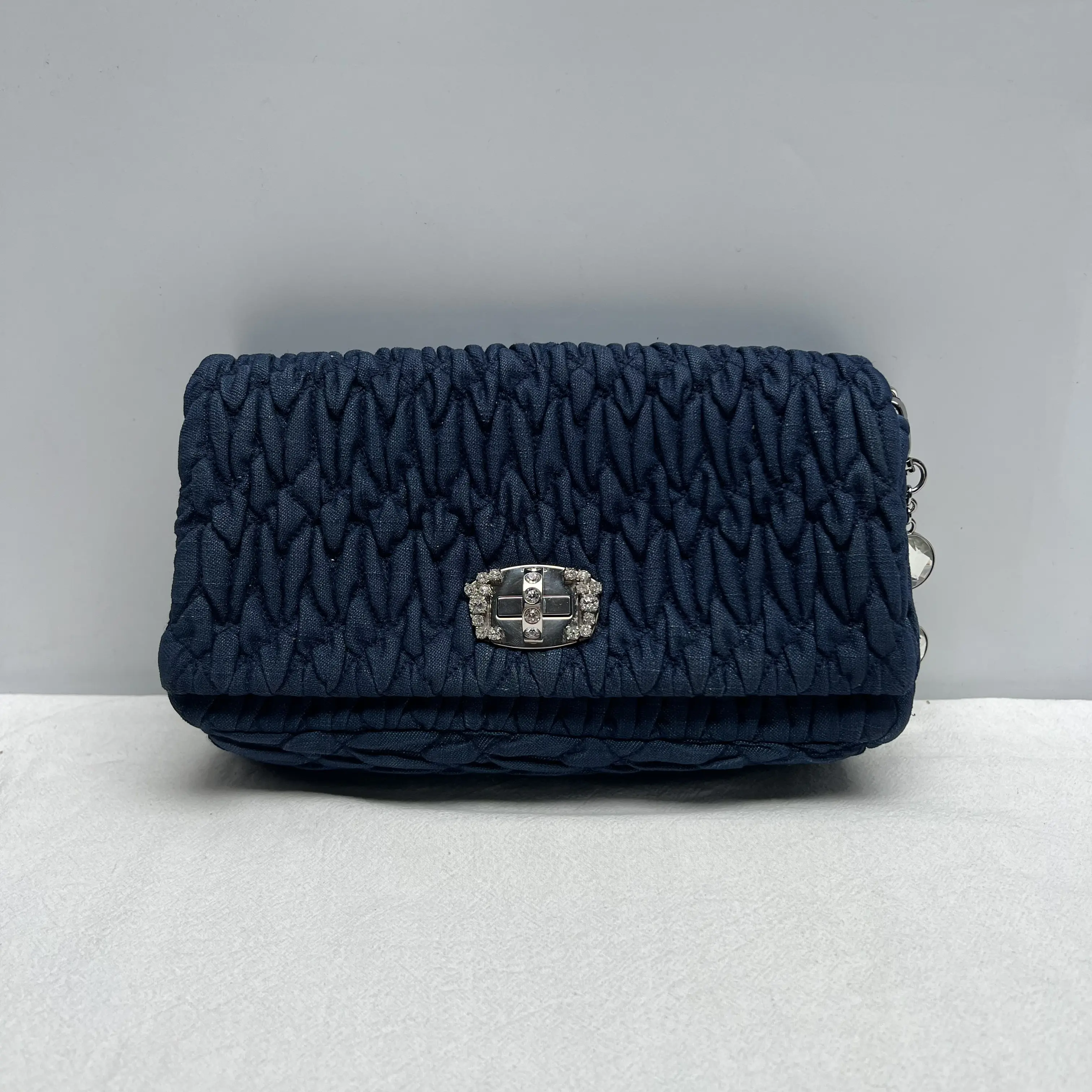 Pre-owned miumiu Denim Crossbody Bags Matelasse Crystal Chain Small Blue CPU1206