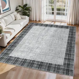 GARVEE Modern Bordered Plaid Area Rug 9x12 - Large Indoor Washable Carpet with Stain Resistant, Non-Slip Backing, Low Pile, Folding Floor Cover for Bedroom, Nursery, Apartment, Light Grey