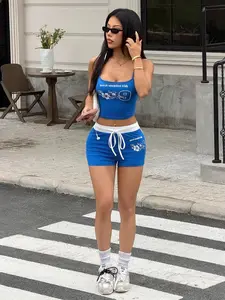 Women's Digit Print Halter Top And Contrast Ribbon Shorts Set Y2k Streetwear Two Piece Summer Outfit Official