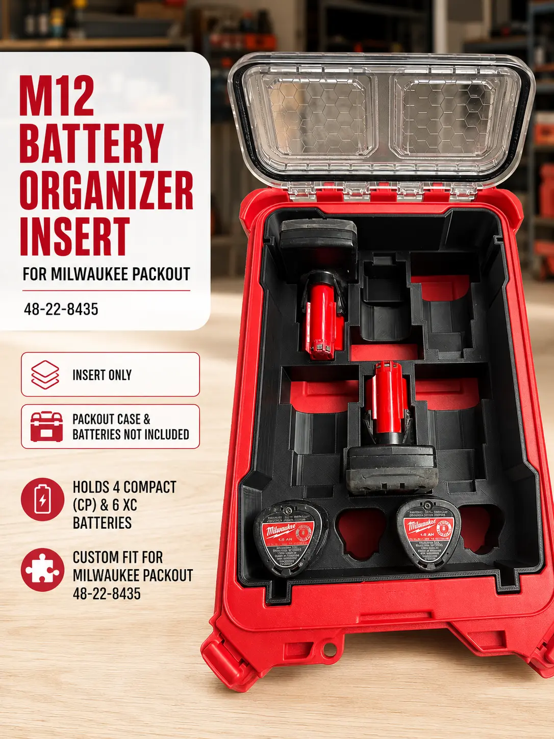 M12 Battery Organizer Insert for Milwaukee PACKOUT 48-22-8435 | Holds 4 Compact CP & 6 XC Batteries | 10-Battery Storage | Insert Only