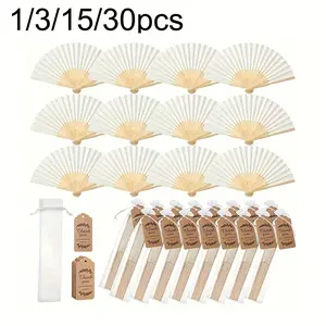Elegant Portable Folding Fan Set, Includes Thank You Cards and Gift Bags, Bamboo Handheld Fans for Bridesmaids Gifts and Wedding Decorations