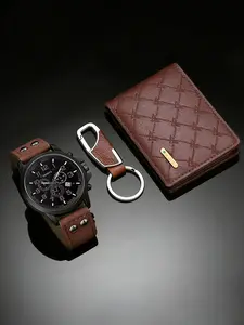 Men's PU Leather Quartz Watch Set with Wallet Keychain, Round Analog Dial, Zinc Alloy Case, Casual Style, Perfect Gift for Husband