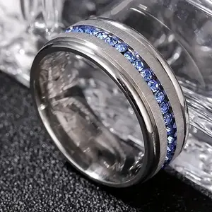Fashionable Stainless Steel Men's Ring, Set with A Row of Blue Synthetic Zircons, Engagement and Wedding Men's Wedding Rings, Gifts for Him