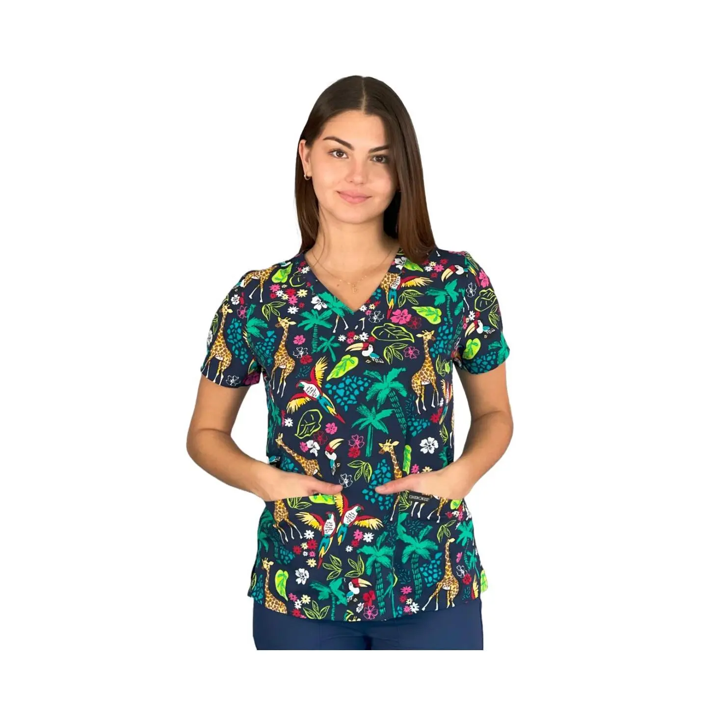 Women's V-Neck Stretch Polyester Spandex Scrub Top - Jungle Journey Print, Modern Fit, 2 Pockets, Side Vents, Lightweight Tropical Colorful Medical Workwear Clothes