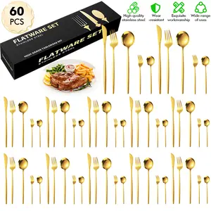 48/60 PCS Flatware Set for 8-10, Stainless Steel Cutlery Set with Gold Titanium Plated Utensils for Party Kitchen Wedding