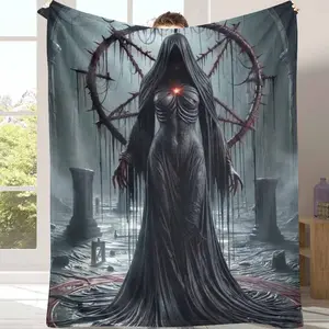Gothic Dark Sorceress Flannel Blanket Mysterious Hooded Figure and Arcane Symbol Art Print Ultra Soft Warm Cozy Perfect for Bedroom Decor Living Room Accent Halloween Atmosphere Gift for Fantasy Lovers