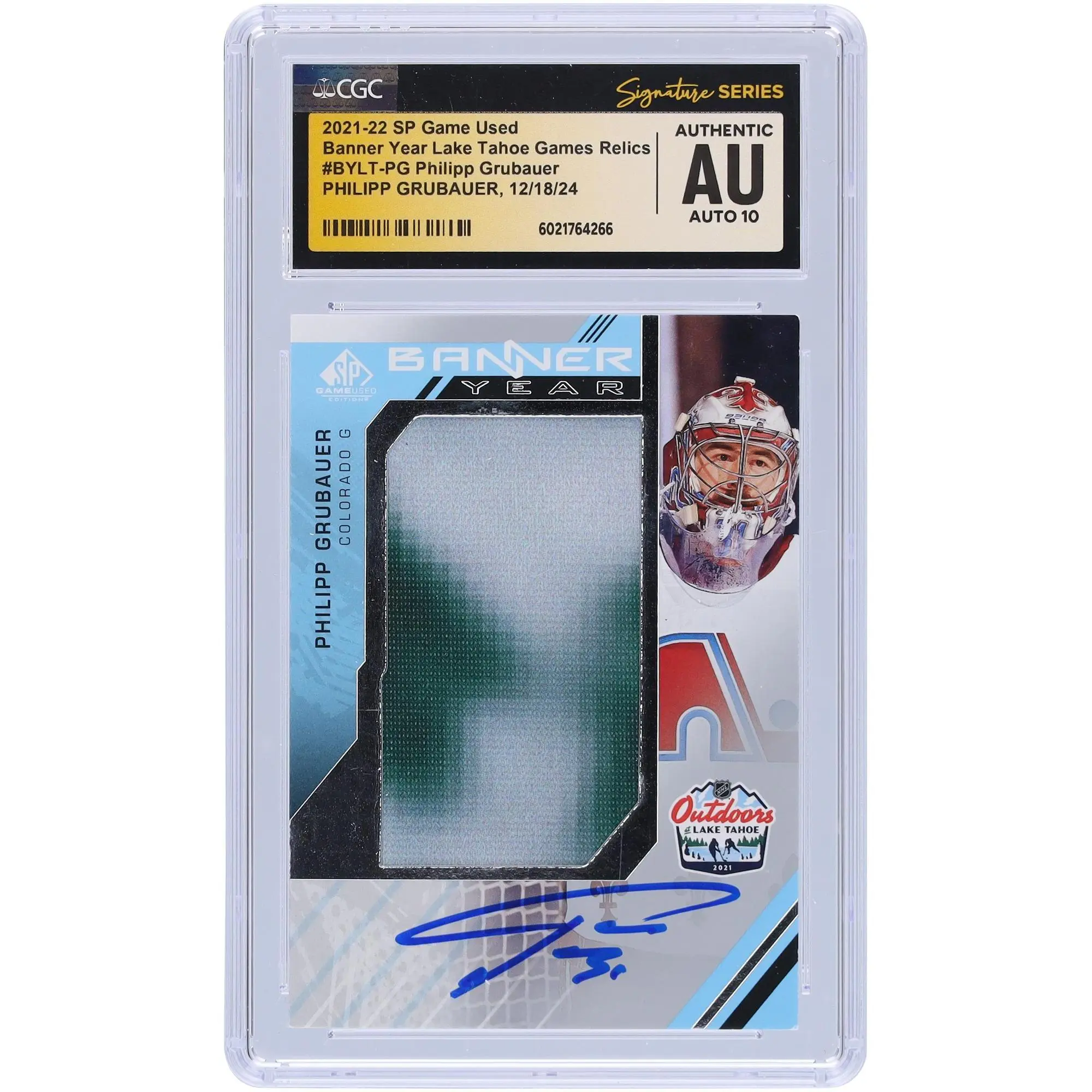 Philipp Grubauer Colorado Avalanche Autographed 2021-22 Upper Deck SP Game Used 2 Color Banner Year Lake Tahoe Games Relics #BYLT-PG CGC Fanatics Witnessed Authenticated Auto 10 Card - Fanatics Authentic Certified