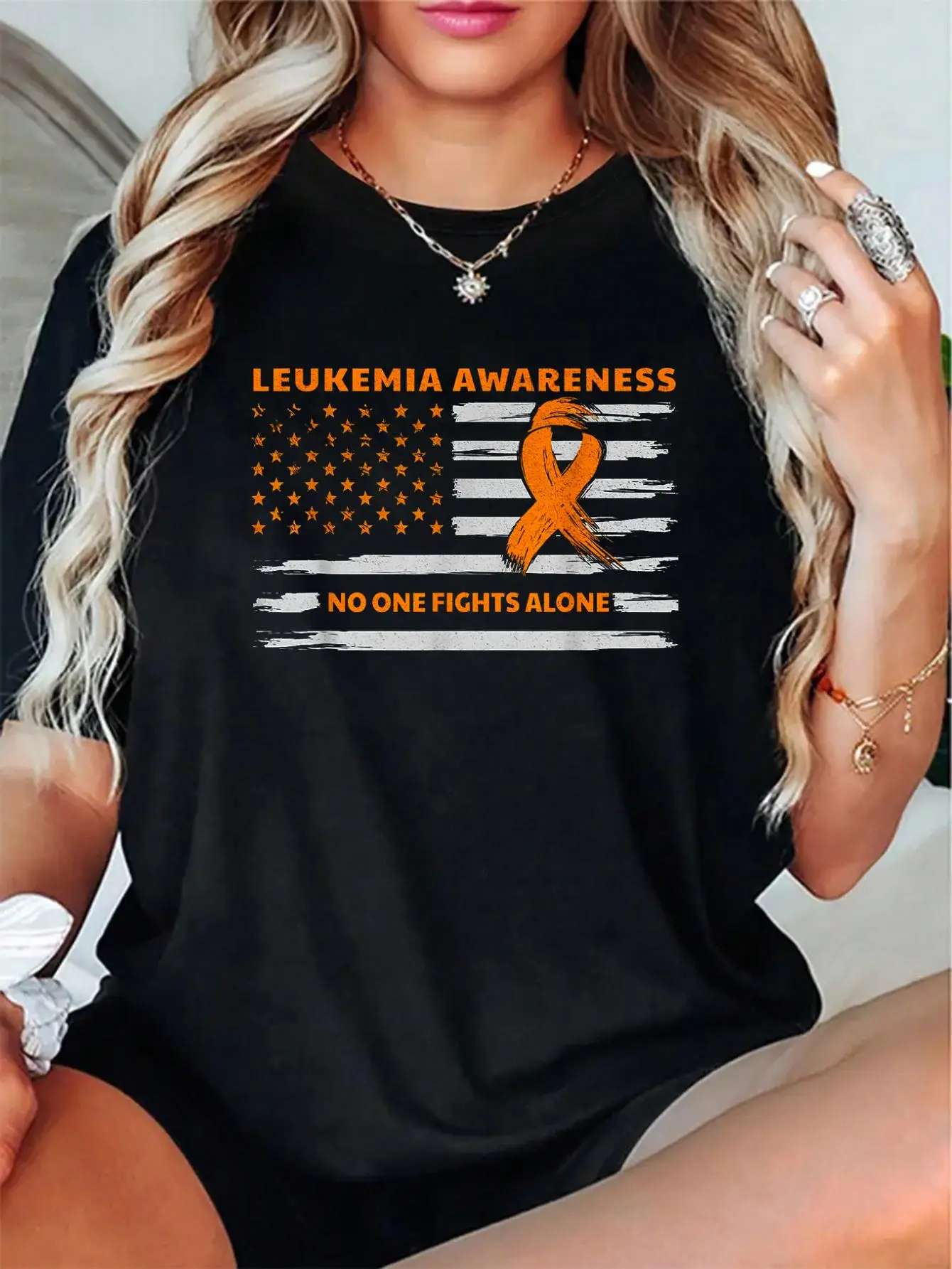 Women's 100% Cotton Fabric Cute Soft Short-Sleeve Graphic Print T-Shirt - Relaxed Fit, Breathable Leukemia Awareness Casual Top for Cancer Support, Streetwear Style