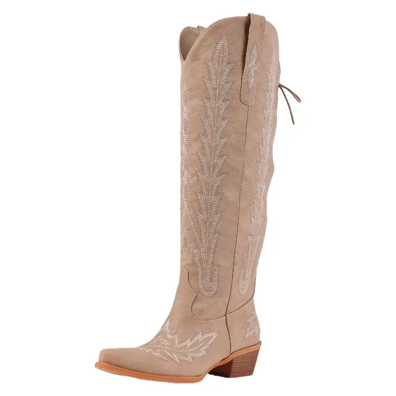 Women's Western Over Knee Boots in Soft Tan Suede, Retro Embroidered Footwear with a Pointed Toe and Mid Block Heel, Shoe, Statement Shoes, Comfortable Heels, Western Ootd, Bold Pointed Toe, Ready For Nights Out And Casual Days, Urban Cowboy