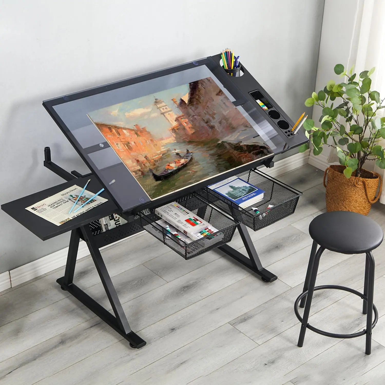 Adjustable Drafting Table for Artists - Drawing Table with Storage for Artwork - Glass Art Desk with Drawers for Artists Painters Illustrators Cartoonists