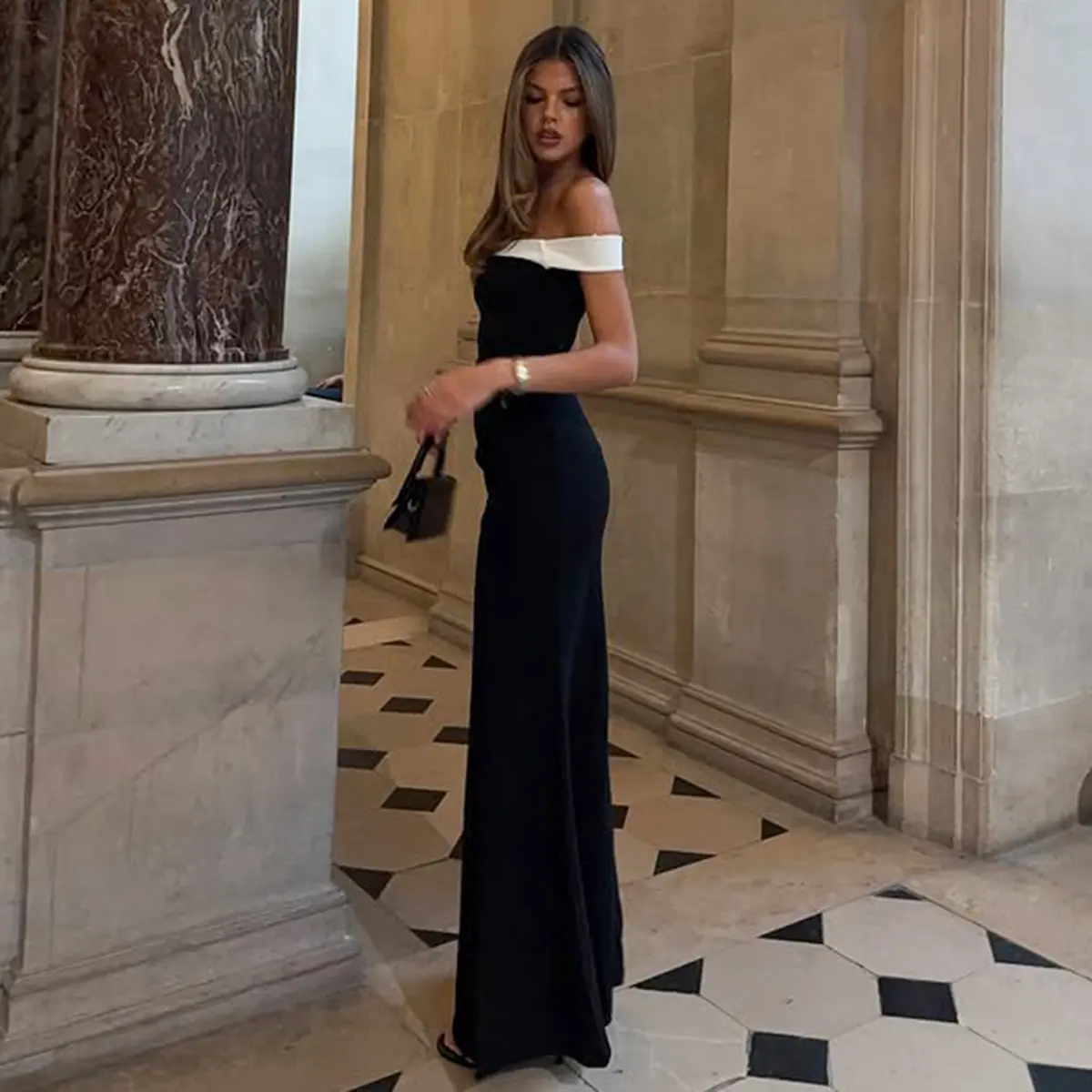 Women's Black & White Off-Shoulder Side Slit Maxi Dress with Asymmetric  Ruching 2025 Fall & Winter New Daily Chic Night Club Dates Gown Dress Outfit  - TikTok Shop