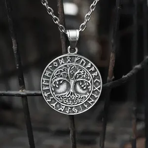 GTHIC Stainless Steel Tree of Life Runes Viking Pendant Necklace for Men Women Gift