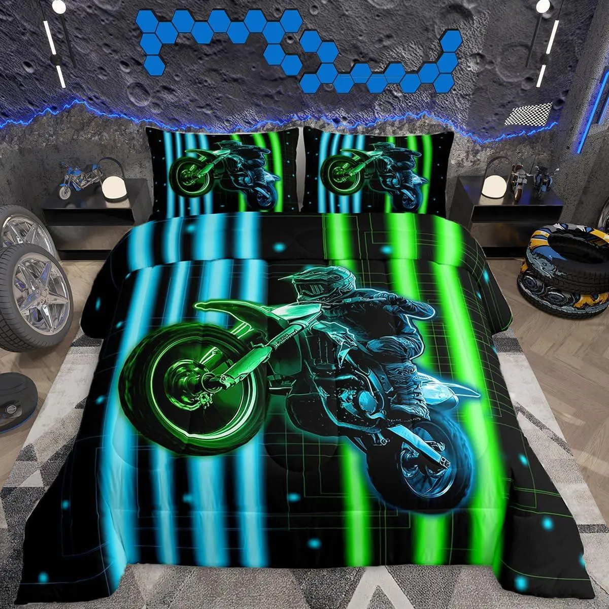 Dirt Bike Bedding Set,Racing Motocross Rider Comforter Set,Extreme Sports Ultra Soft Duvet Quilt,3D Pattern Comforter Colorful Modern Bedroom Decor
