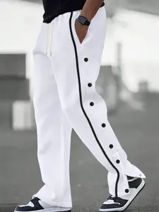 Men's Striped Print Button Side Stripe Pants, Regular Fit Casual Comfy Trousers for Daily Wear, Men's Bottoms for All Seasons, Athleisure Style Bottoms, Athletic Bottoms