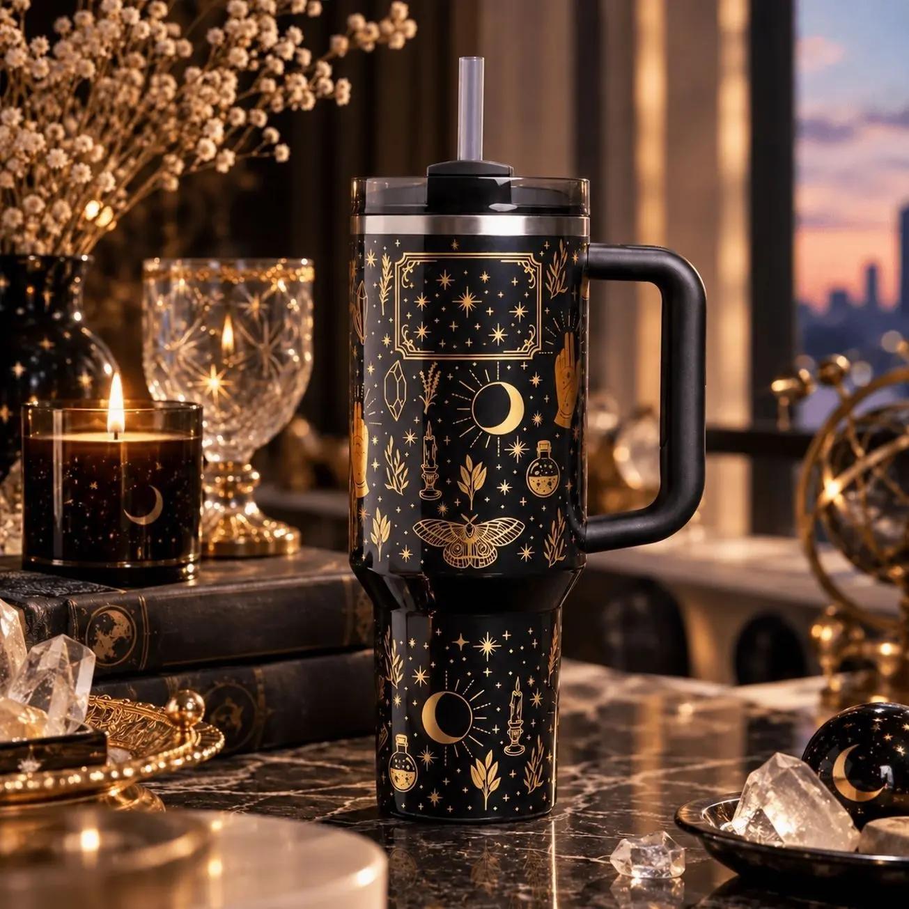 Midnight Celestial Moon and Stars 40oz Insulated Tumbler with Handle and Straw, Black and Gold Stainless Steel Travel Cup