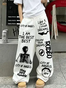 Men's Fashion Street Style, Creative Skull Head Graffiti Letter Design, Loose Fit, Comfortable Breathable Fabric, Sweatpants, Streetwear