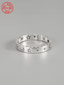 925 Sterling Silver Vintage Star & Moon Decor Cuff Ring, Unique Rings, Vintage Inspired Ring, Statement Rings, Fashion Accessories for Women & Girls, Trendy All-match & Exquisite Jewelry for Gift, Trendy Fine Jewelry