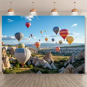 1pc Polyester Cappadocia Turkey Hot-Balloon Wall Tapestry - Large Chimney Rock Landscape, Multicolor Balloons, Turquoise Sky Hanging Decor for Home, Birthday Party Backdrop