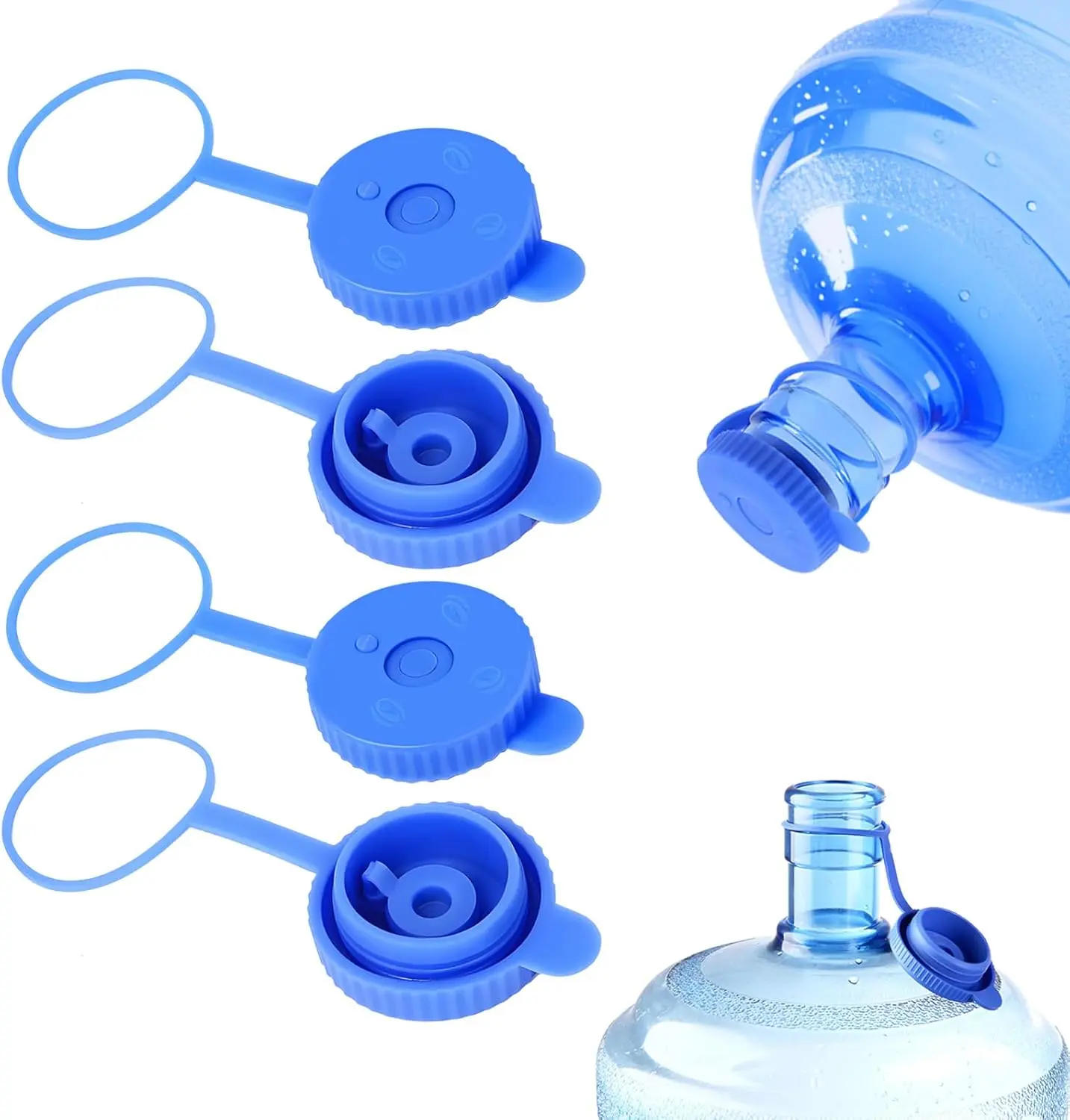 4 Pack Reusable Water Jug Caps for 3 & 5 Gallon Bottles, 55mm Food-Grade Silicone Replacement Lids for Water Dispensers, Leak-Proof Non-Spill Design