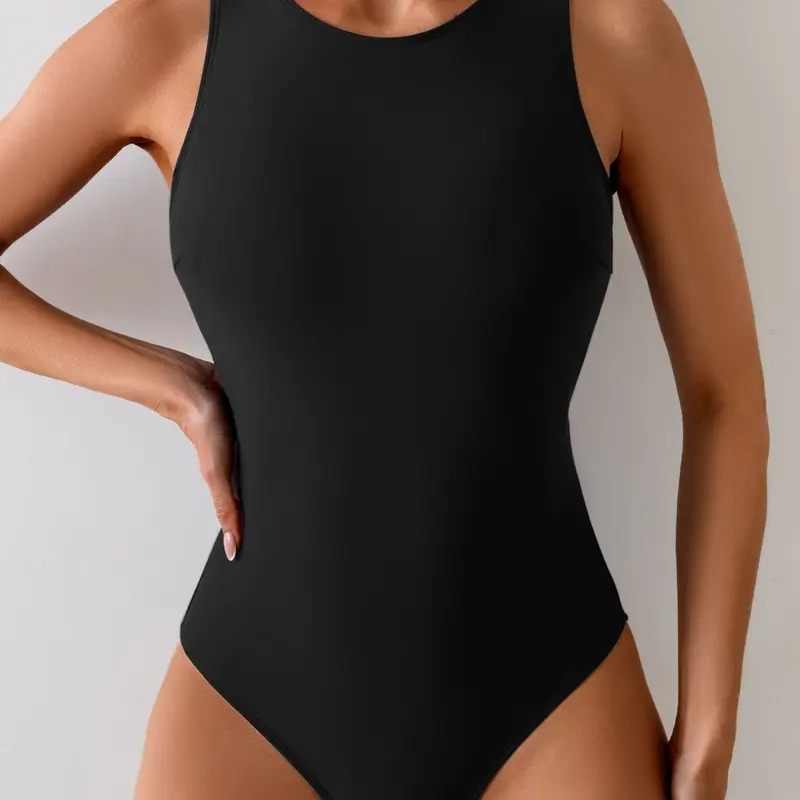 One-Piece Sleeveless Plain Slim-Fitting High Stretch Sporty Fitness Swimsuit, Geometric Pattern, All Seasons Wear, Fashionable Athletic One-Piece Swimwear, Athletic Bathing Suits, Swimwear Clothes, Swimming Clothing