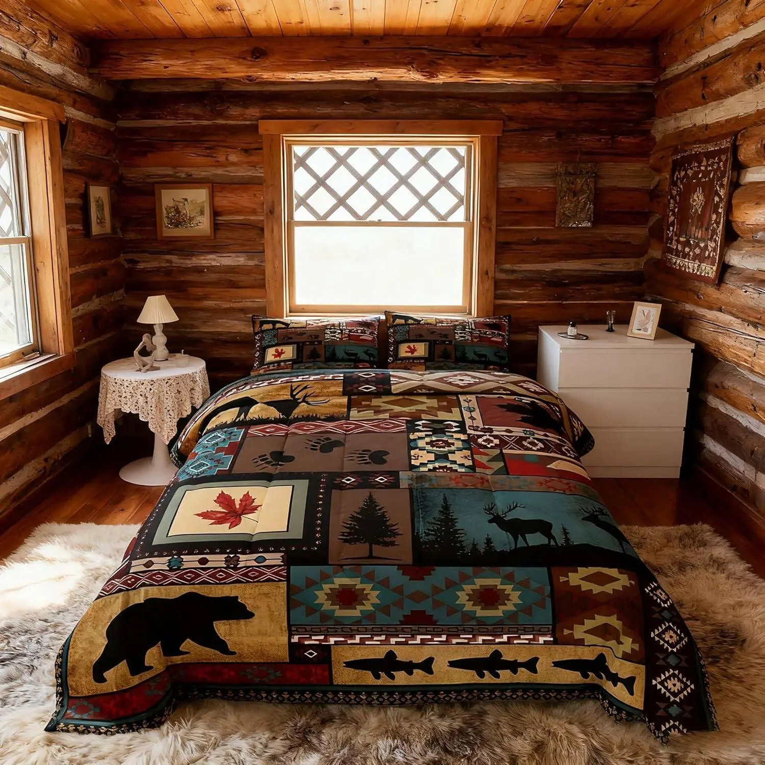 Feelyou Queen Comforter Set - Rustic Cabin Lodge Breathable Bedding, Southwestern Country Farmhouse Animal Print (Bear, Moose, Deer) for Multi-Size Beds
